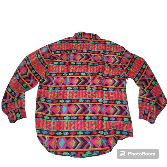 Vtg 90s Metro Express 100% Silk Blouse Tropical Artsy Abstract Retro Shirt Med - Picture 3 of 8
